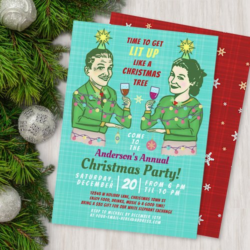 Funny Christmas Party Retro Adult Drinking Lit Up Invitation