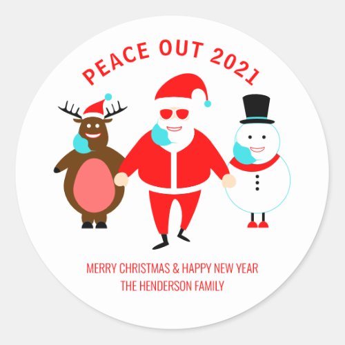 Funny Christmas Peace Out 2021 Santa Face Mask Classic Round Sticker