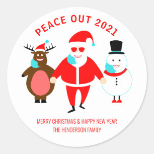 Funny Christmas Peace Out 2021 Santa Face Mask Classic Round Sticker