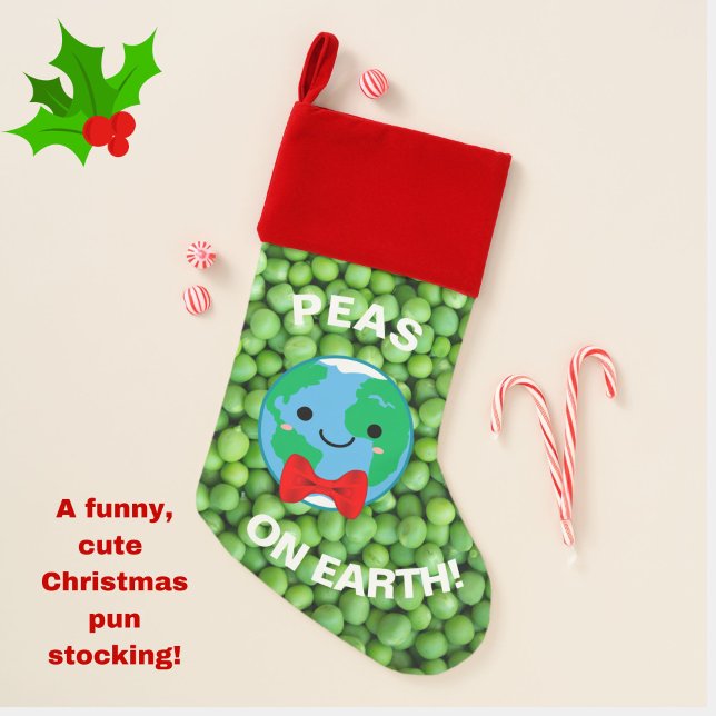 Funny Christmas "Peas on Earth" Punny Cute Modern Christmas Stocking (Peas on Earth and goodwill to all! A cute, funny, punny Christmas stocking!)