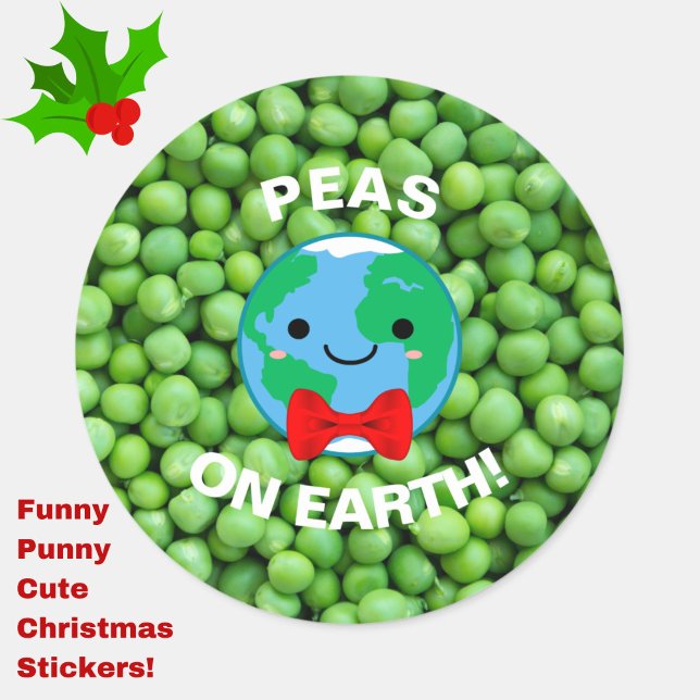 Funny Christmas "Peas on Earth" Punny Cute Sticker (Peas on Earth and Goodwill to All! Decorate your cards and gifts with these cute, funny stickers!)