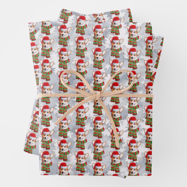 Funny Christmas Pembroke Welsh Corgi Wearing Scarf Wrapping Paper Sheets (In situ)