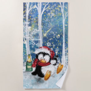 Funny Christmas Penguin Beach Towel