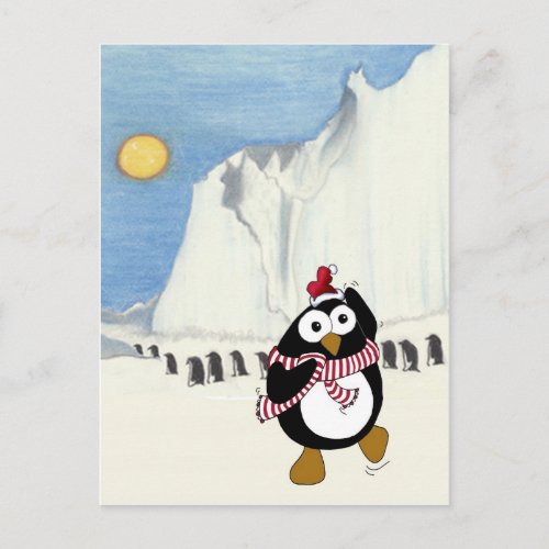 Funny Christmas penguin dancing in the Antarctic Holiday Postcard
