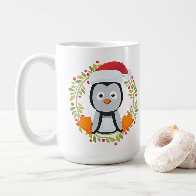 Funny Christmas Penguin Good at Being Naughty Coffee Mug (With Donut)