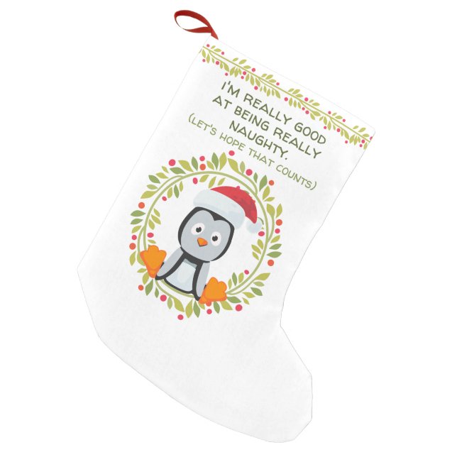 Funny Christmas Penguin Good at Being Naughty Small Christmas Stocking (Front (Hanging))