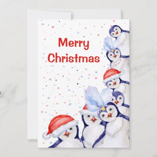 Funny Christmas Penguins Watercolor Holiday Card