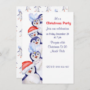 Funny Christmas Penguins Watercolor Invitation