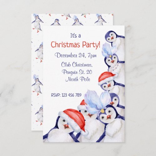 Funny Christmas Penguins Watercolor  Invitation