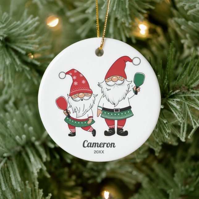 Funny Christmas Pickleball Gnomes, Your Photo Text Ceramic Ornament (Tree)