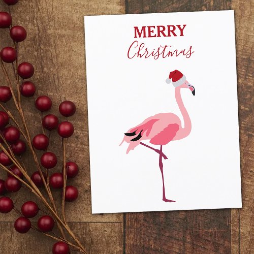 Funny Christmas Pink Flamingo Bird with Santa Hat  Holiday Postcard