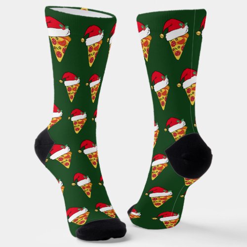 Funny Christmas Pizza Slices in Santa Hats Green Socks