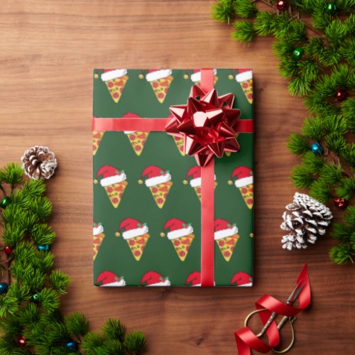 Funny Christmas Pizza Slices in Santa Hats Green Wrapping Paper