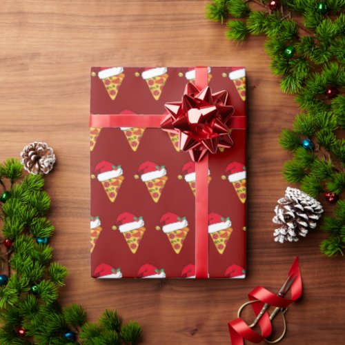 Funny Christmas Pizza Slices in Santa Hats Red Wrapping Paper