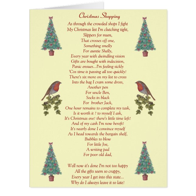 funny christmas poem robin and xmas tree big card (Front)