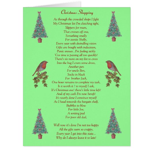 funny christmas poem robin and xmas tree big card (Front)