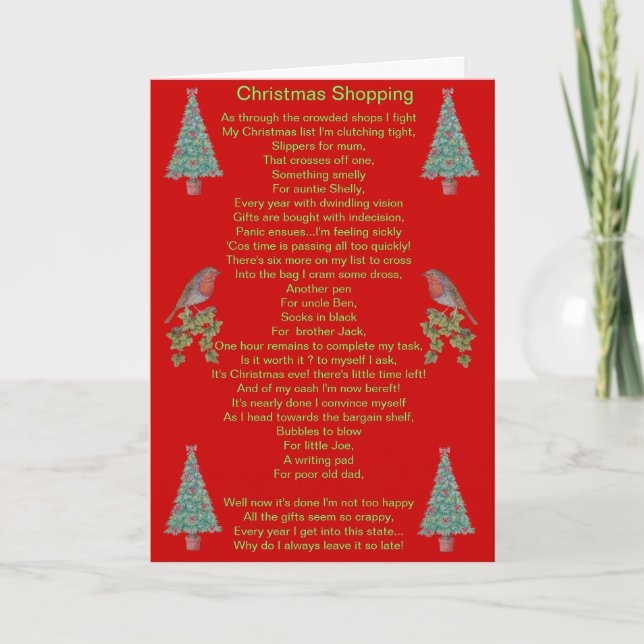funny christmas poem robin and xmas tree holiday card (Front)