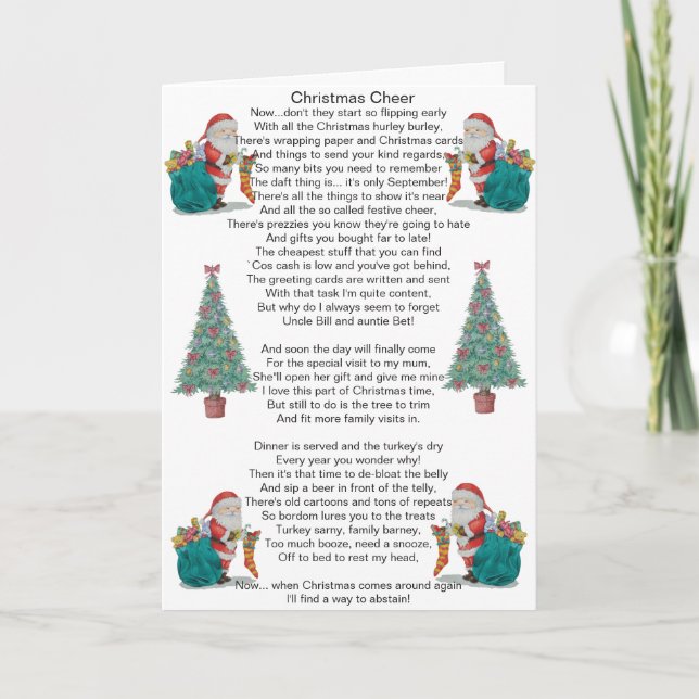 funny christmas poem santa and xmas tree art holiday card (Front)