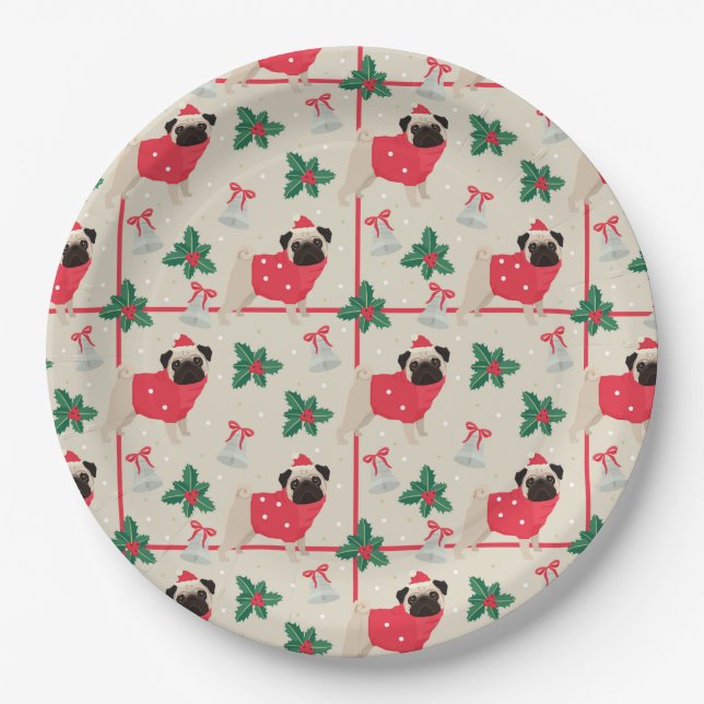 Funny Christmas Pugs Paper Plates (Front)