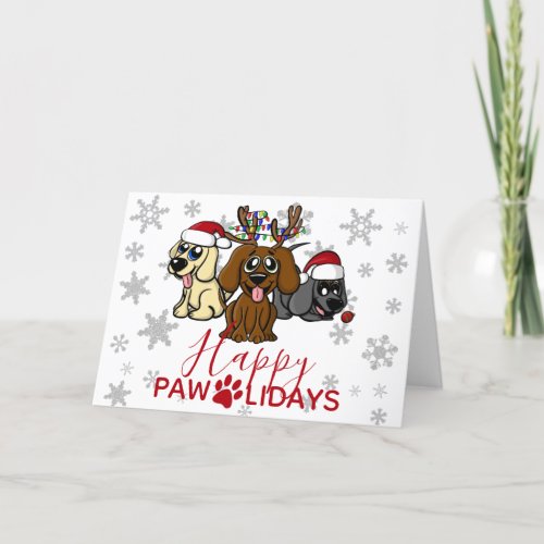 Funny Christmas Puppies w Santa Hats Lights Cute Holiday Card