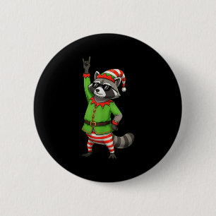 Funny Christmas Raccoon Dressed As Elf With Sungle Button