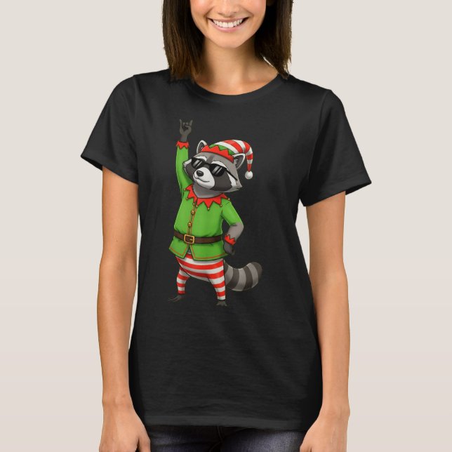 Funny Christmas Raccoon Dressed As Elf With Sungle T-Shirt (Front)