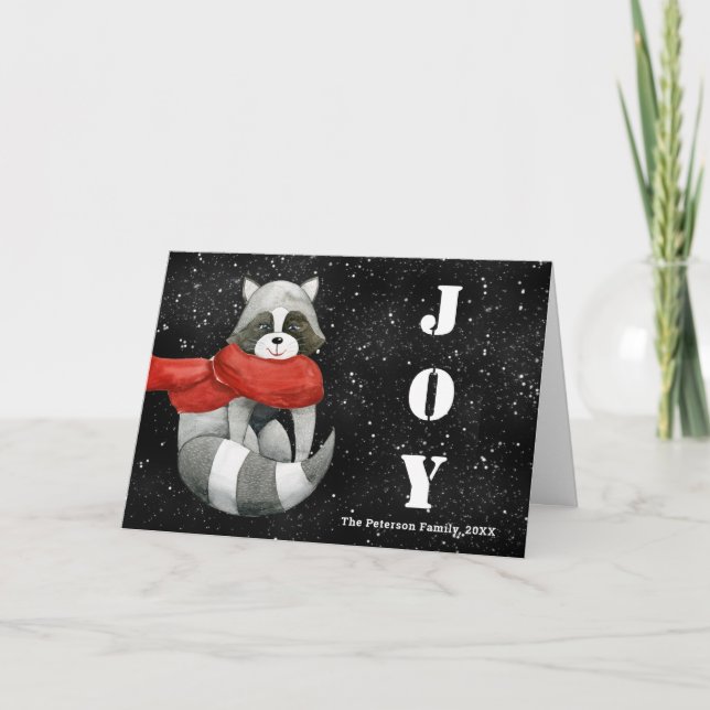 Funny Christmas Raccoon | Joy Black Holiday Cards  (Front)