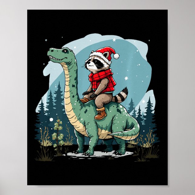 Funny Christmas Raccoon Riding Dinosaur Trex Anima Poster (Front)