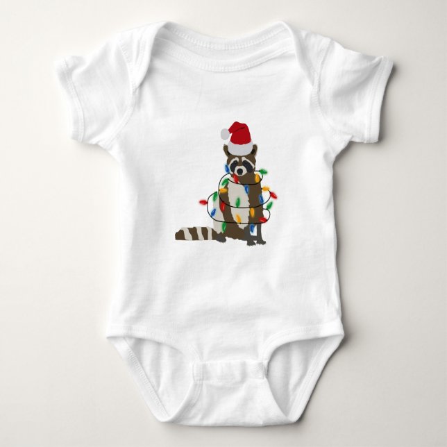 Funny Christmas Raccoon Santa Hat Xmas Lights   Baby Bodysuit (Front)