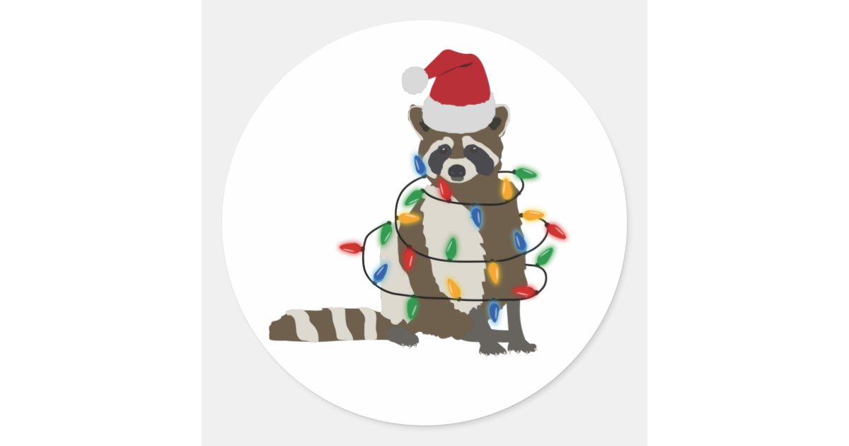 Funny Christmas Raccoon Santa Hat Xmas Lights Classic Round Sticker ...