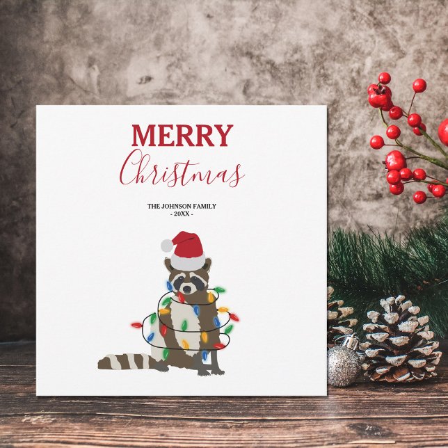 Funny Christmas Raccoon Santa Hat Xmas Lights Holiday Card (Creator Uploaded)