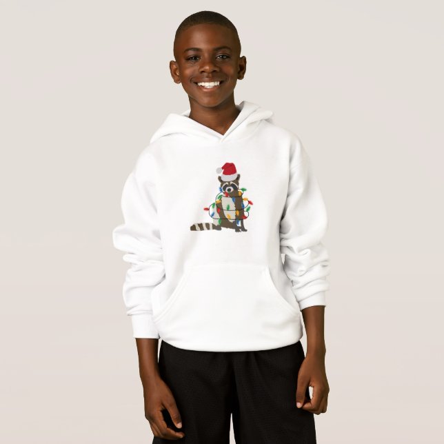 Funny Christmas Raccoon Santa Hat Xmas Lights   Hoodie (Front Full)