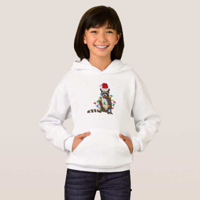 Funny Christmas Raccoon Santa Hat Xmas Lights  Hoodie (Front Full)