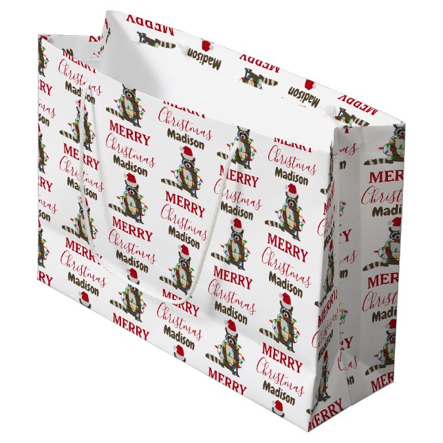 Funny Christmas Raccoon Santa Hat Xmas Lights   Large Gift Bag (Front Angled)