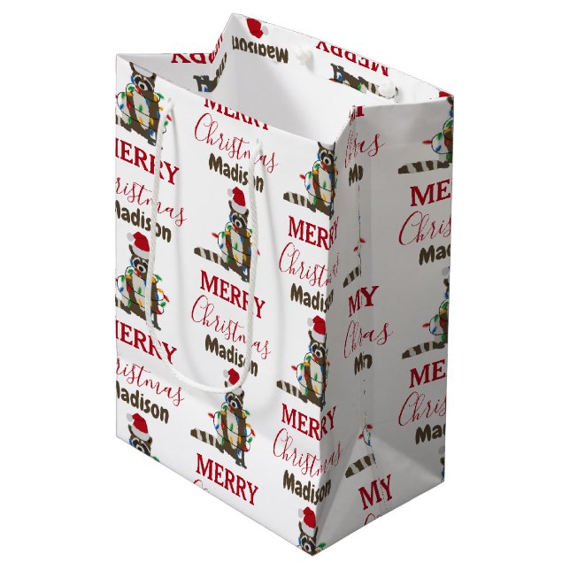 Funny Christmas Raccoon Santa Hat Xmas Lights    Medium Gift Bag (Front Angled)