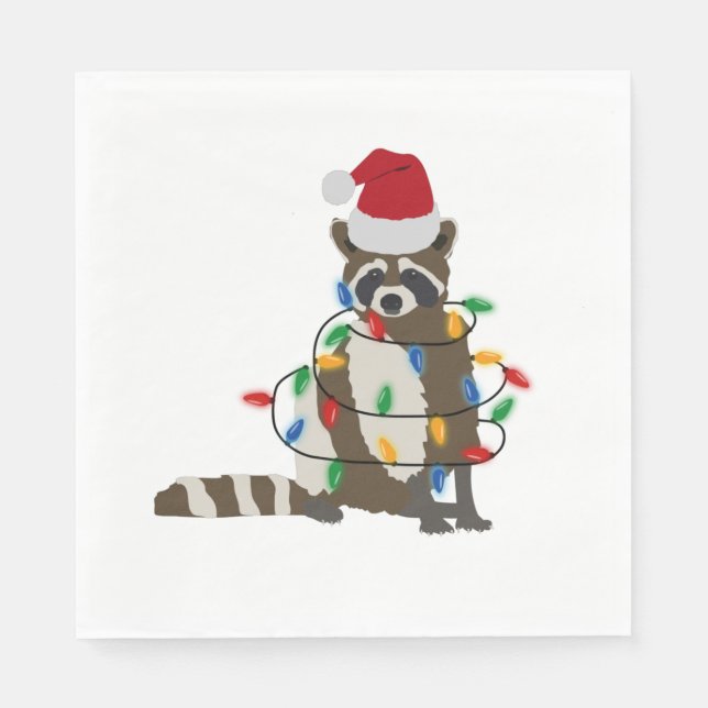 Funny Christmas Raccoon Santa Hat Xmas Lights   Napkins (Front)