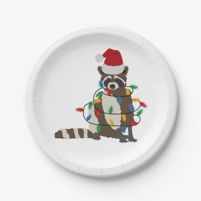 Funny Christmas Raccoon Santa Hat Xmas Lights    Paper Plates (Front)