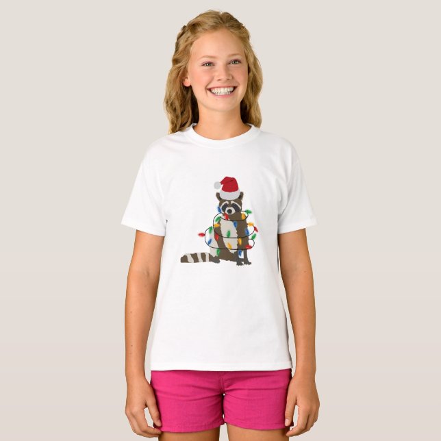 Funny Christmas Raccoon Santa Hat Xmas Lights   T-Shirt (Front Full)