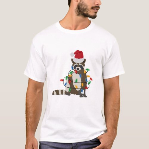 Funny Christmas Raccoon Santa Hat Xmas Lights  T_Shirt