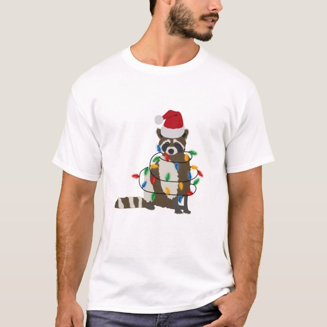 Funny Christmas Raccoon Santa Hat Xmas Lights  T-Shirt (Front)