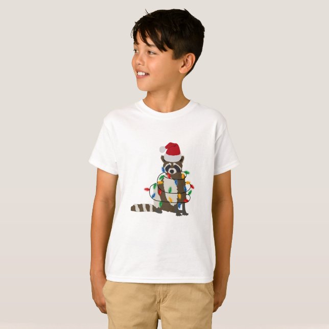 Funny Christmas Raccoon Santa Hat Xmas Lights T-Shirt (Front Full)
