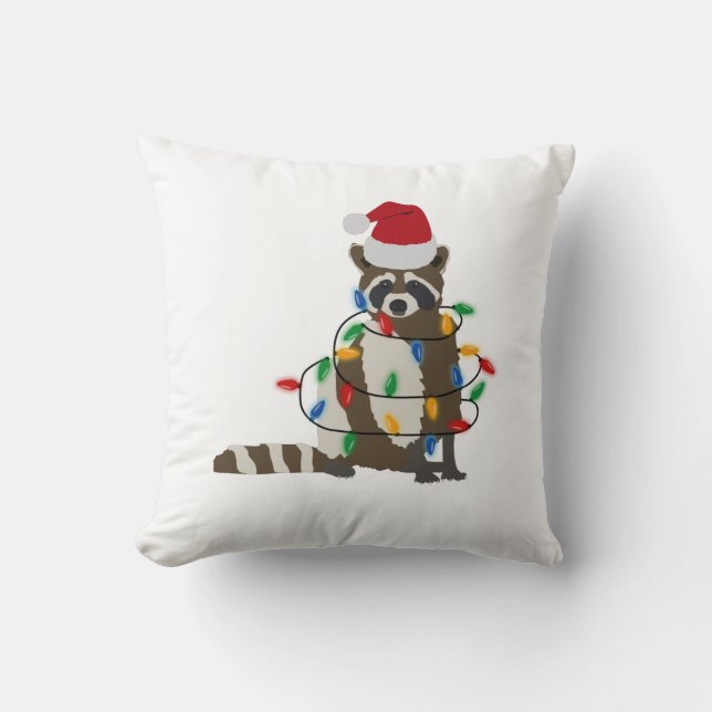Funny Christmas Raccoon Santa Hat Xmas Lights  Throw Pillow (Front)