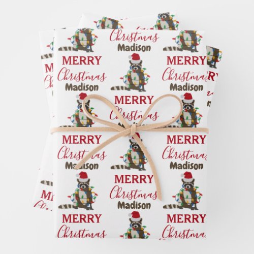 Funny Christmas Raccoon Santa Hat Xmas Lights  Wrapping Paper Sheets