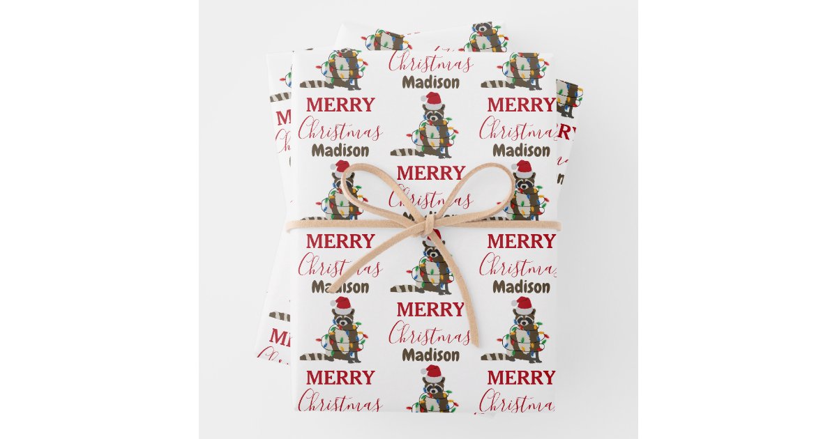 Funny Christmas Raccoon Santa Hat Xmas Lights Wrapping Paper Sheets ...