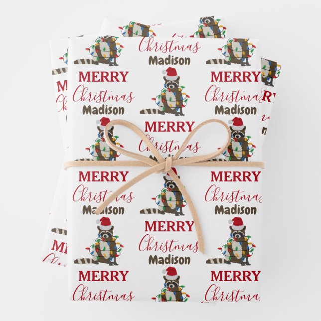 Funny Christmas Raccoon Santa Hat Xmas Lights  Wrapping Paper Sheets (In situ)