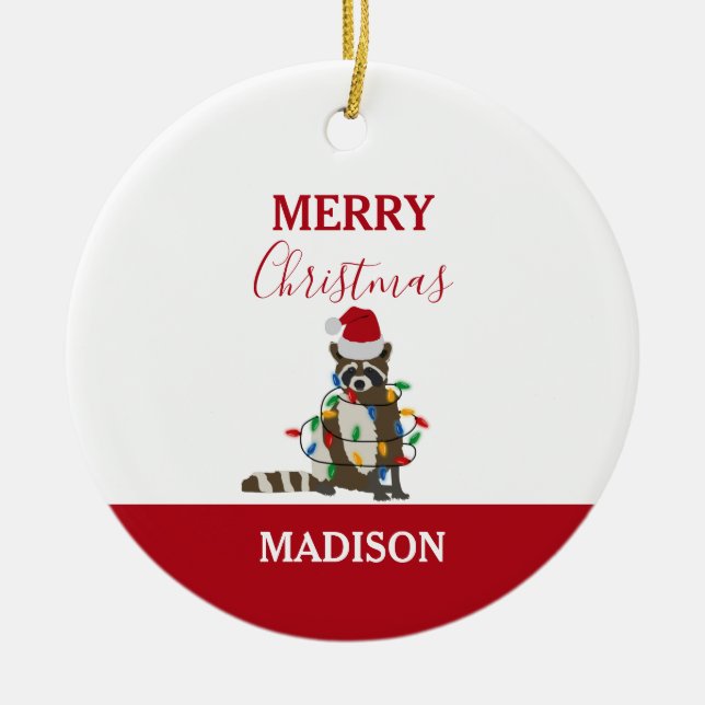 Funny Christmas Raccoon Santa Hat Xmas Lights Xmas Ceramic Ornament (Front)
