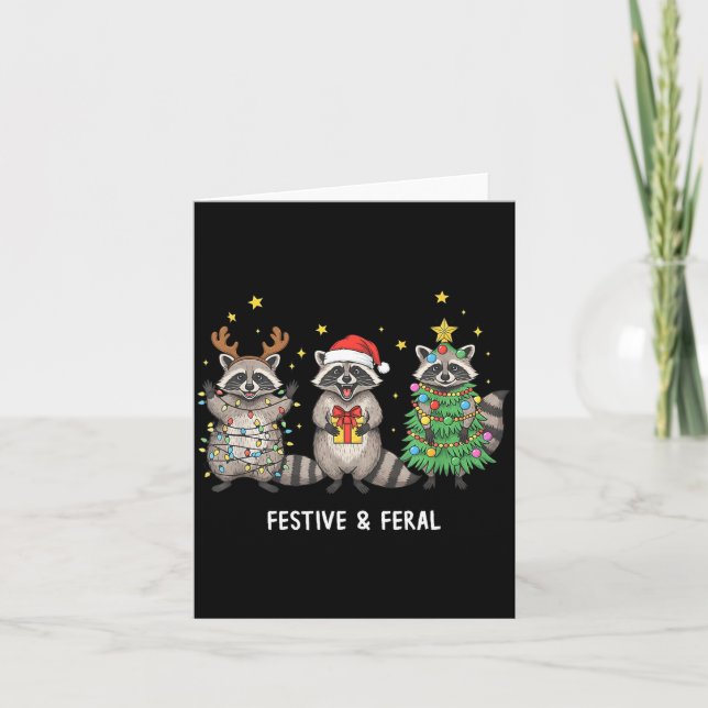 Funny Christmas Racoon - Feral But Festive  Card (Front)