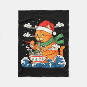 Funny Christmas Ramen Cat Eating Noodles Japanese Fleece Blanket