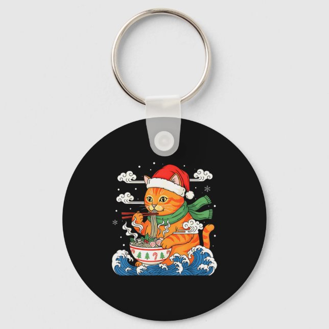 Funny Christmas Ramen Cat Eating Noodles Japanese  Keychain (Front)