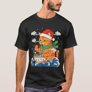 Funny Christmas Ramen Cat Eating Noodles Japanese  T-Shirt